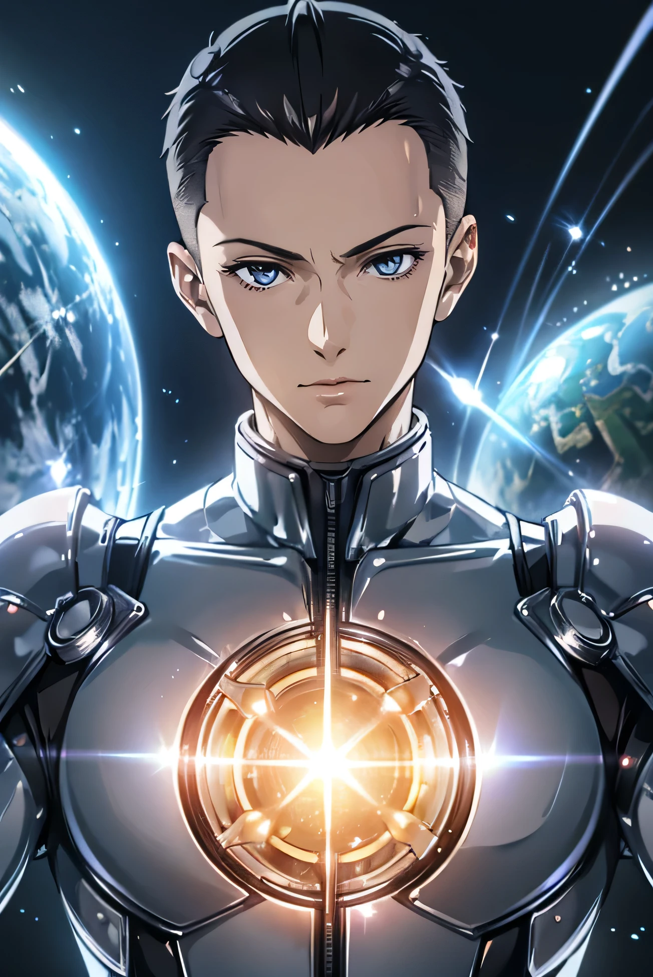 Japanese　　Handsome model　Fierce　　2　male　　smile　　　Black Hair　　Short cut　Short hair　Shaved head　　looking at the camera　　　　　Shiny full-body silver suit　　　Shiny silver latex suit　　looking at the camera　future world　　Face close-up　　　　　Handsome model　Face close-up 　 　　planets on the background　　　Upper body close-up