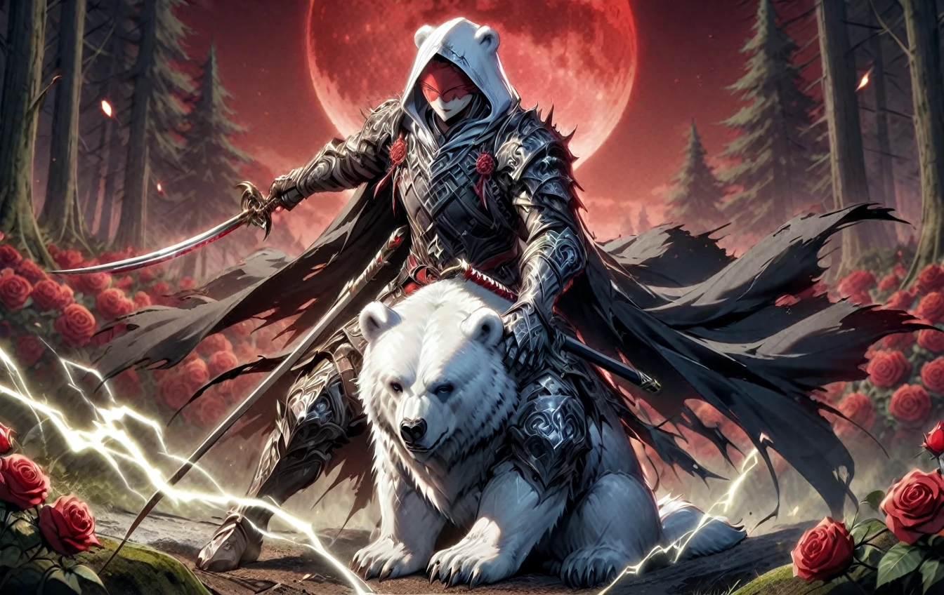 One man with a white hood with bear ears and a katana sits riding a polar bear in a forest while the blood moon shines, many Roses cover the ground and lightning falls from the sky. The man wears a red blindfold.