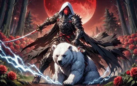 one man with a white hood with bear ears and a katana sits riding a polar bear in a forest while the blood moon shines, many ros...