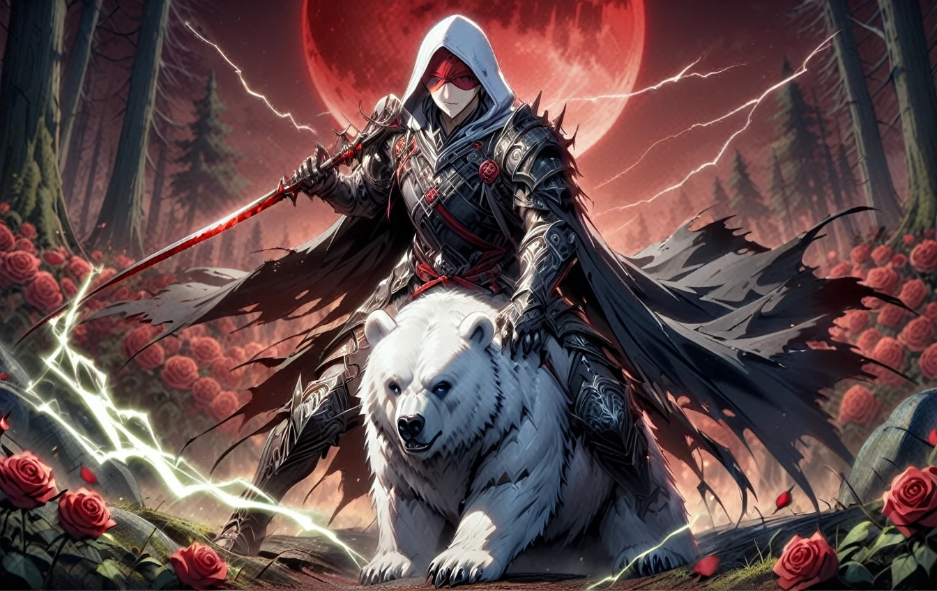 One man with a white hood with bear ears and a katana sits riding a polar bear in a forest while the blood moon shines, many Roses cover the ground and lightning falls from the sky. The man wears a red blindfold.