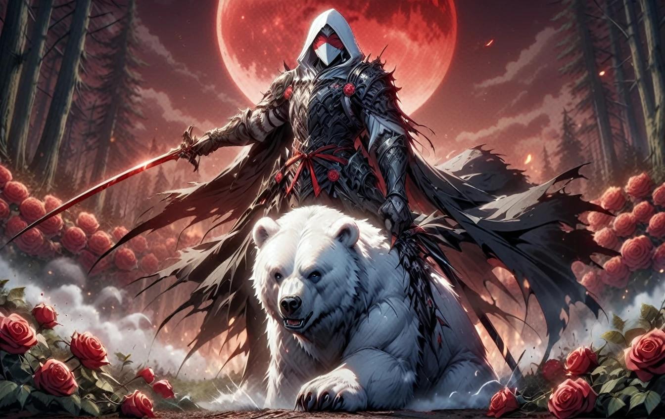 One man with a white hood with bear ears and a katana sits riding a polar bear in a forest while the blood moon shines, many Roses cover the ground and lightning falls from the sky. The man wears a red blindfold.