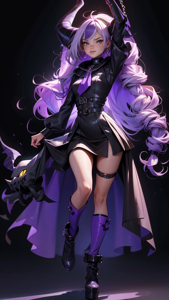 envision a 8k, highres, cinematic, beautiful full body design sheet of a girl floating using dark purple magic with purple chains wrapped around her exuding a severe dangerous aura named Laplus Darkness with long white muilticolored hair, a Large Metal Collar, purple color scheme, braid, Long sleeves, single leg pantyhose, ascot, Black footwear, Dress, Metal collar, long boots, Black Dress, Collar, pantyhose, single thigh high, Evil smile, Exposed arms, against a dark background