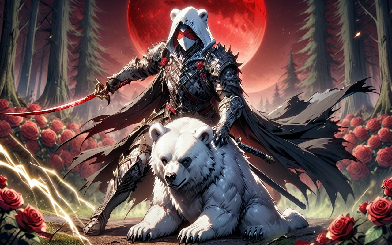 One man with a white hood with bear ears and a katana sits riding a strong polar bear in a forest while the blood moon shines, many Roses cover the ground and lightning falls from the sky. The man wears a red blindfold.