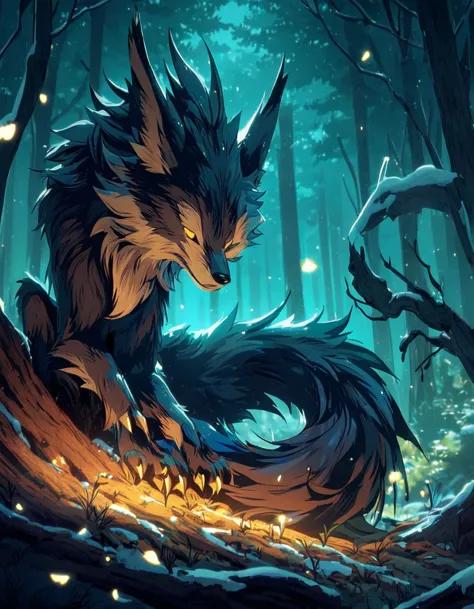 a wolf looking at the forest alone