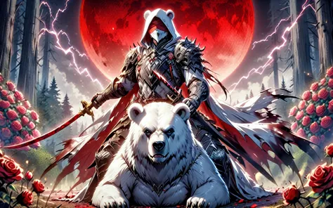 one man with a white hood with bear ears and a katana sits riding a big polar bear in a forest while the blood moon shines, many...