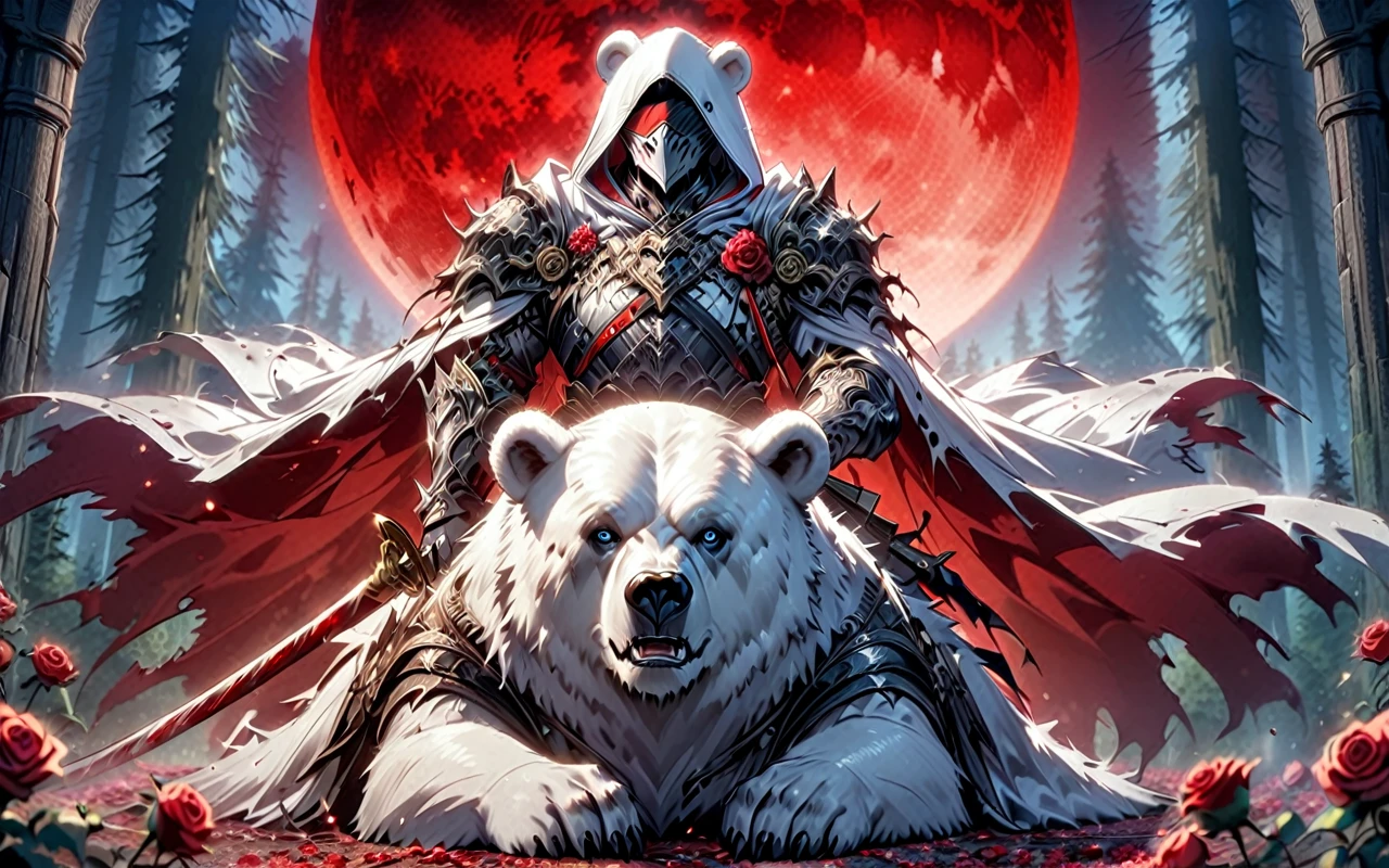 One man with a white hood with bear ears and a katana sits riding a big polar bear in a forest while the blood moon shines, many Roses cover the ground and lightning falls from the sky. The man wears a red blindfold.