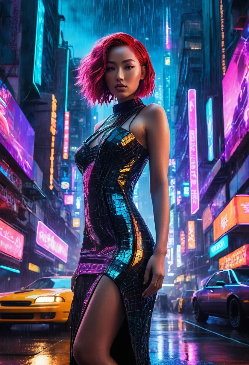 
A striking woman stands in the heart of a neon-drenched Cyberpunk metropolis at dusk. Her fiery red hair cascades down her shoulders in stark contrast to her sleek, form-fitting black dress. The dress, made of a high-tech fabric, shimmer with subtle holographic patterns that ripple with her movements.

The city around her is a towering maze of skyscrapers, their facades adorned with massive animated billboards and holographic advertisements that paint the cloudy sky in a kaleidoscope of electric blues, purples, and pinks. Flying vehicles weave between buildings, their lights streaking through the air like comets.

It's raining heavily, creating a misty veil over the cityscape. Droplets of water cling to the woman's face, reflecting the vibrant neon lights like tiny prisms. Her skin glistens, with rivulets of rain running down her cheeks and neck. Her eyes, enhanced with bioluminescent implants, shine with an otherworldly glow that matches the city's ambiance.

The rain-slicked streets below mirror the neon signs, creating a dazzling light show on the ground. Steam rises from vents and grates, adding to the moody atmosphere. In the background, a mix of high-tech hover vehicles and retro-futuristic muscle cars navigate the crowded streets.

The woman's posture exudes confidence and mystery as she stands unfazed by the downpour, a enigmatic figure in this bustling, tech-driven world. Her presence creates a striking juxtaposition of organic beauty against the hyper-technological backdrop of the Cyberpunk city.