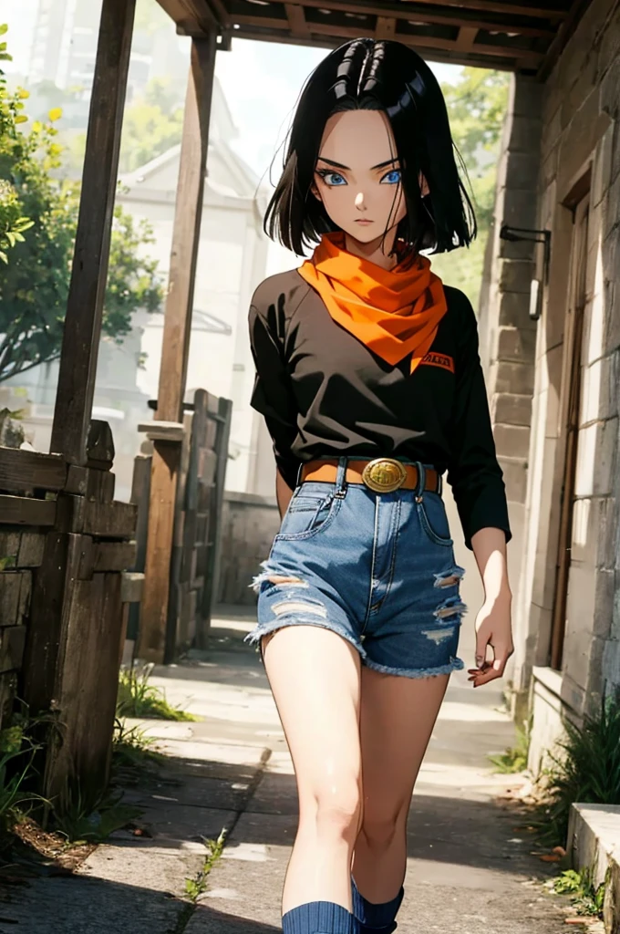 A masterpiece, best quality, detailed and expressive eyes, perfect facial features, high resolution, 1 boy, alone, android 17-inspired boy, (male body:1.3), blue eyes, black hair, parted hair, short hair, black shirt, jeans, layered shirt, white sleeves, orange bandana, blue sneakers, green socks, brown belt, red freckles, outdoor, landscape, standing, portrait, looking at viewer