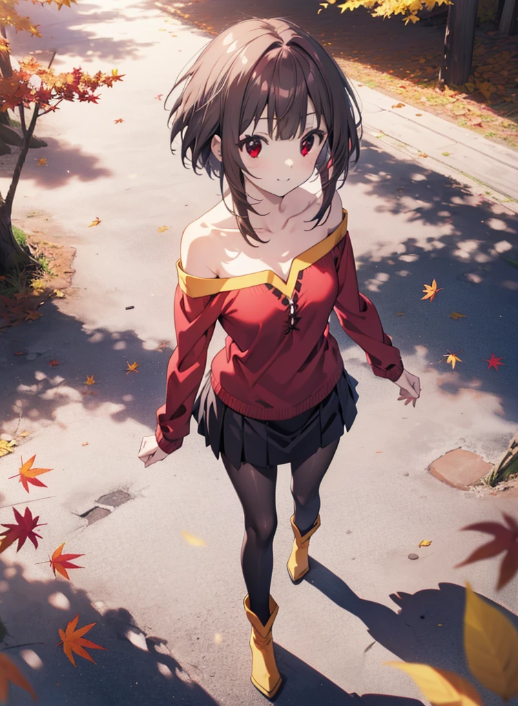 konosubaMegumin, Megumin, short hair, Black Hair, (Red eyes:1.3), short hair with long locks,smile,One-shoulder sweater,mini skirt,Black pantyhose,short boots,autumn leaves,autumn leavesが積もっている,autumn leavesが散っている,Walking,Daytime,Clear skies,whole bodyがイラストに入るように,
break outdoor, forest,
break looking at viewer,whole body, 
break (masterpiece:1.2), Highest quality, High resolution, unity 8k wallpaper, (figure:0.8), (Beautiful attention to detail:1.6), Highly detailed face, Perfect lighting, Highly detailed CG, (Perfect hands, Perfect Anatomy),