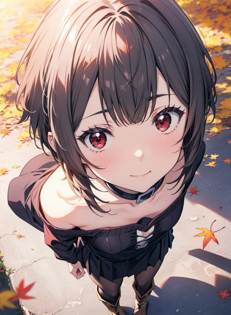 konosubaMegumin, Megumin, short hair, Black Hair, (Red eyes:1.3), short hair with long locks,smile,One-shoulder sweater,mini skirt,Black pantyhose,short boots,autumn leaves,autumn leavesが積もっている,autumn leavesが散っている,Walking,Daytime,Clear skies,whole bodyがイラストに入るように,
break outdoor, forest,
break looking at viewer,whole body, 
break (masterpiece:1.2), Highest quality, High resolution, unity 8k wallpaper, (figure:0.8), (Beautiful attention to detail:1.6), Highly detailed face, Perfect lighting, Highly detailed CG, (Perfect hands, Perfect Anatomy),