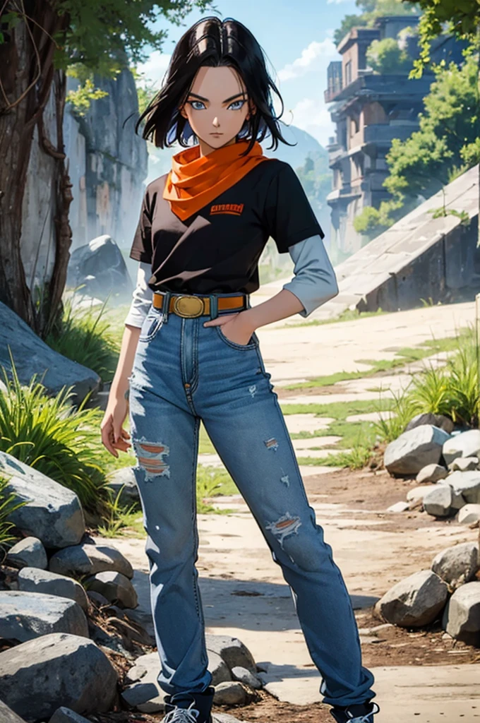 a masterpiece, best quality, 4k, 8k, highres, detailed facial features, 1 young man, alone, android 17, (male body:1.3), blue eyes, black hair, parted hair, short hair, black shirt, jeans, layered shirts, white sleeves, orange bandana, blue sneakers, green socks, brown belt, red freckles, outdoor, landscape, standing, portrait, looking at the viewer