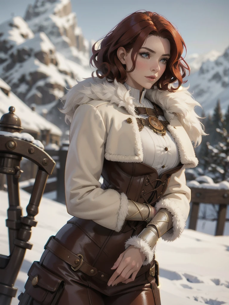 steampunk woman, short curly red hair, ivory fur coat, detailed face, early morning, snowy mountains, depth of field, blurry background
