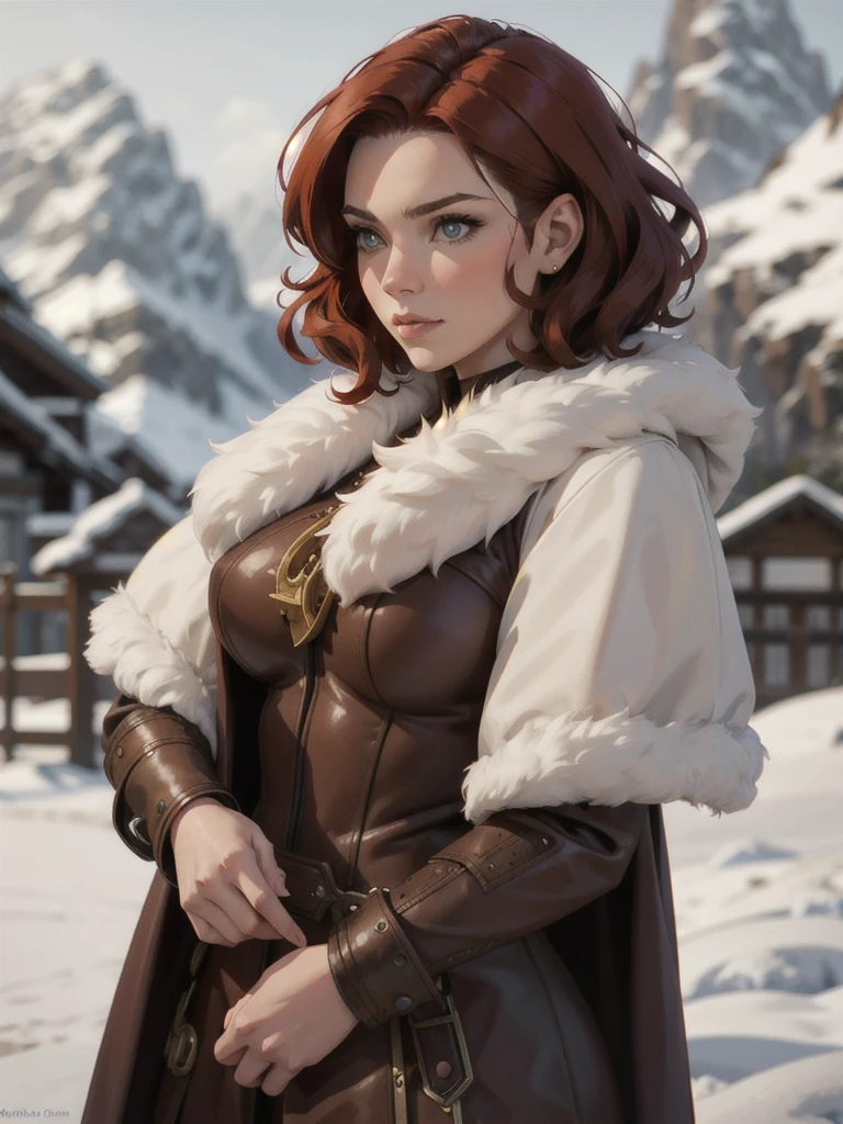 steampunk woman, short curly red hair, ivory fur coat, detailed face, early morning, snowy mountains, depth of field, blurry background
