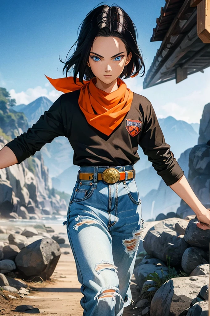 A masterpiece, best quality, detailed and expressive eyes, perfect facial features, high resolution, 1 boy, alone, android 17-inspired boy, (male body:1.3), blue eyes, black hair, parted hair, short hair, black shirt, jeans, layered shirt, white sleeves, orange bandana, blue sneakers, green socks, brown belt, red freckles, outdoor, landscape, standing, portrait, looking at viewer