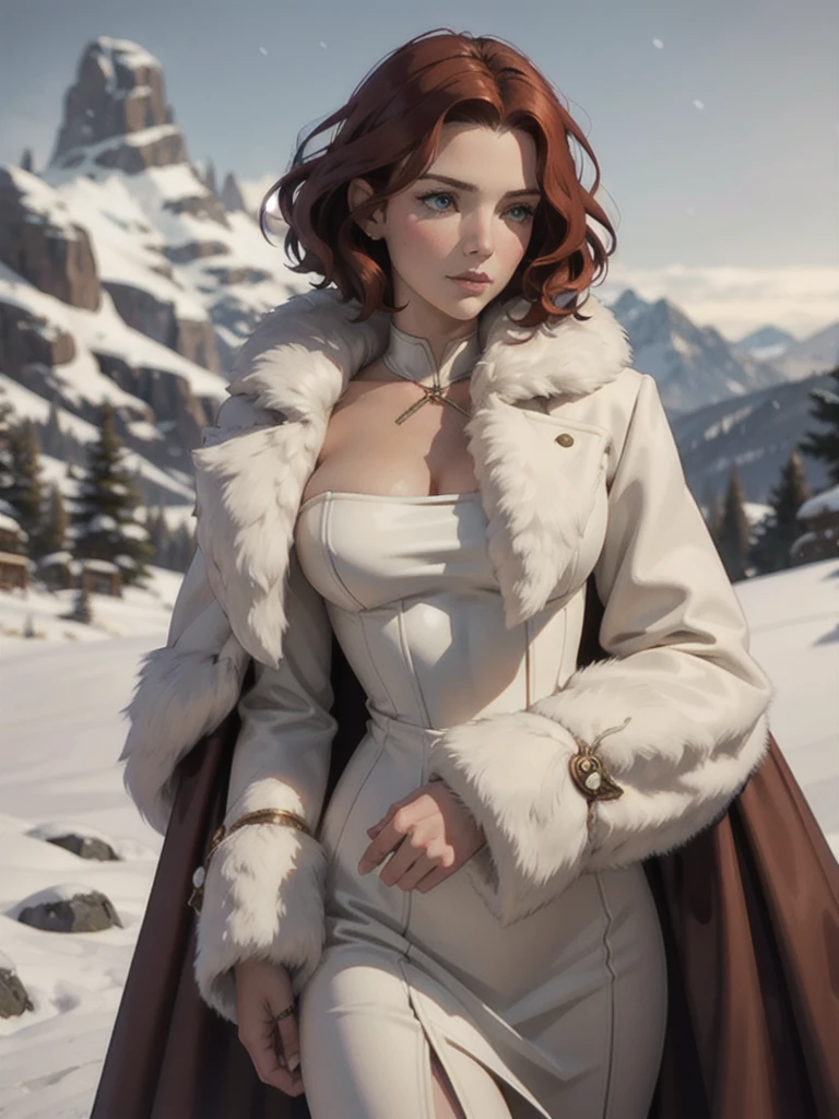 steampunk woman, short curly red hair, ivory fur coat, detailed face, early morning, snowy mountains, depth of field, blurry background, [[Sansa Stark]],[[Erin Heatherton]],[[Kate Beckinsale]]
