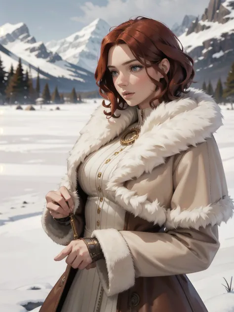 steampunk woman, short curly red hair, ivory fur coat, detailed face, early morning, snowy mountains, depth of field, blurry bac...