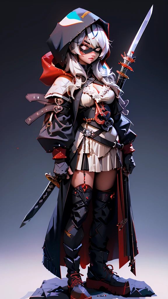 envision a 8k, highres, cinematic, beautiful full body concept art design of a ninja girl with pretty features posing dynamically with a katana, ((surrounded by deep red magical energy outlined by a red light)), with white multicolored hair, a white camisole, black jacket with hood up with light armor plates, red pleated skirt, thigh high boots, knives, daggers, kunai, tech accessories, guns, katana's on her back, black eye mask with white eyes , in dark lighting, against a dark gray background