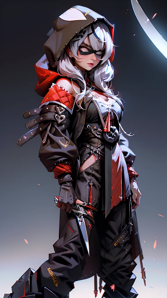 envision a 8k, highres, cinematic, beautiful full body concept art design of a ninja girl with pretty features posing dynamically with a katana, ((surrounded by deep red magical energy outlined by a red light)), with white multicolored hair, a white camisole, black jacket with hood up with light armor plates, red pleated skirt, thigh high boots, knives, daggers, kunai, tech accessories, guns, katana's on her back, black eye mask with white eyes , in dark lighting, against a dark gray background