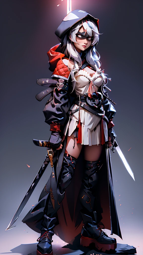 envision a 8k, highres, cinematic, beautiful full body concept art design of a ninja girl with pretty features posing dynamically with a katana, ((surrounded by deep red magical energy outlined by a red light)), with white multicolored hair, a white camisole, black jacket with hood up with light armor plates, red pleated skirt, thigh high boots, knives, daggers, kunai, tech accessories, guns, katana's on her back, black eye mask with white eyes , in dark lighting, against a dark gray background