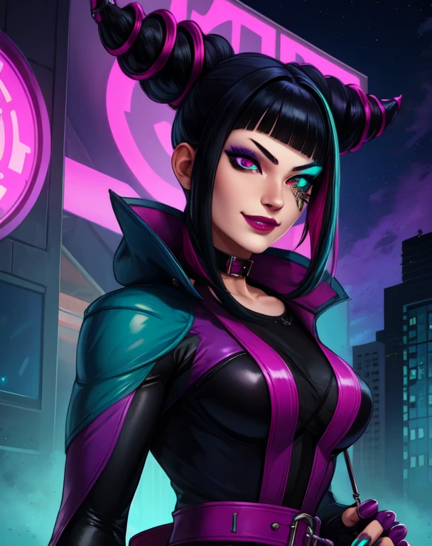 Juri , black hair,two-tone hair, hair horns, purple right eye, aqua left eye, detailed eyes, heterochromia, bangs, multicolored hair,streaked hair, makeup, lipstick  
fingerless gloves,multiple belts, collar, spiked bracelet, aqua nails, chaps, baggy pants,toeless legwear, 
standing, upper body, evil smile, 
night club,
(insanely detailed, beautiful detailed face,beautiful detailed eyes, masterpiece, best quality) , solo,