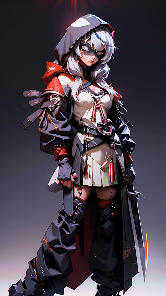 envision a 8k, highres, cinematic, beautiful full body concept art design of a ninja girl with pretty features posing dynamically with a katana, ((surrounded by deep red magical energy outlined by a red light)), with white multicolored hair, a white camisole, black jacket with hood up with light armor plates, red pleated skirt, thigh high boots, knives, daggers, kunai, tech accessories, guns, katana's on her back, black eye mask with white eyes , in dark lighting, against a dark gray background