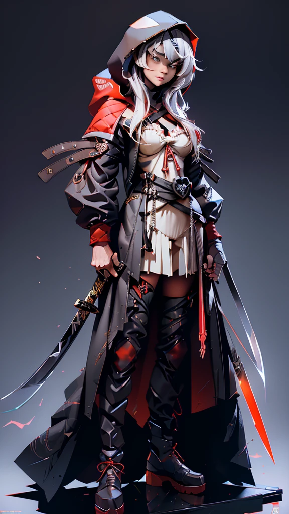 envision a 8k, highres, cinematic, beautiful full body concept art design of a ninja girl with pretty features posing dynamically with a katana, ((surrounded by deep red magical energy outlined by a red light)), with white multicolored hair, a white camisole, black jacket with hood up with light armor plates, red pleated skirt, thigh high boots, knives, daggers, kunai, tech accessories, guns, katana's on her back, black eye mask with white eyes , in dark lighting, against a dark gray background