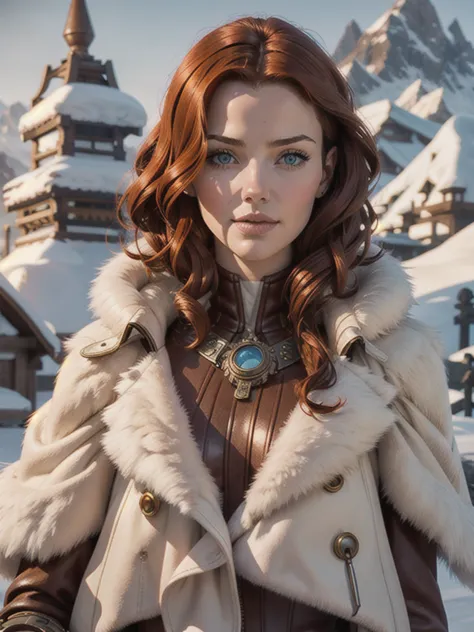 steampunk woman, short curly red hair, ivory fur coat, detailed face, early morning, snowy mountains, depth of field, blurry bac...