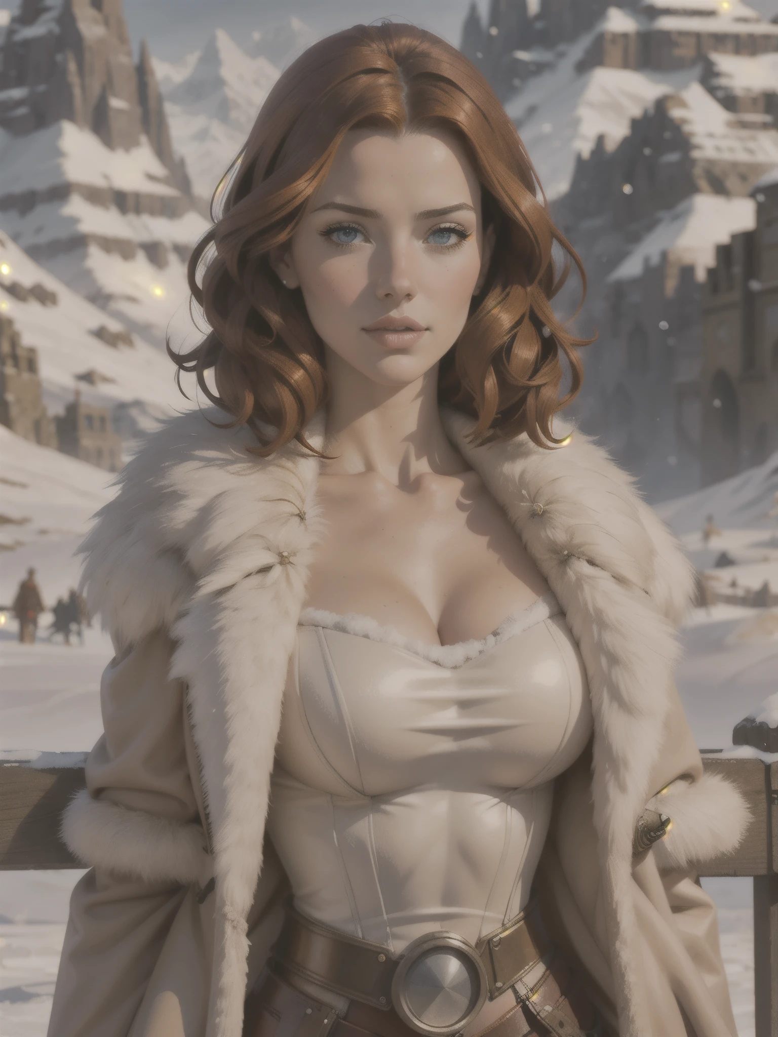 steampunk woman, short curly red hair, ivory fur coat, detailed face, early morning, snowy mountains, depth of field, blurry background, [[Sansa Stark]],[[Erin Heatherton]],[[Kate Beckinsale]]
