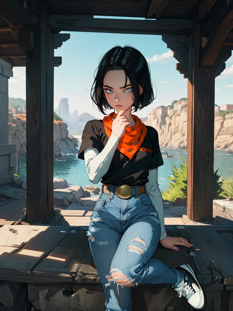 (masterpiece), Highest quality, Expressive eyes, Perfect Face, High resolution, 1 person, alone, Android 17 Boy, (Male body:1.3), blue eyes, black short hair,Parted hair,short hair, Black Shirt, jeans, Layered shirt, White sleeves,Orange Bandana, Blue sneakers, Green socks, Tea belt, red spot, Outdoor, landscape, Portraiture, Looking at the audience, An exquisite masterpiece of top quality and high resolution featuring Marnie. Big sleepy eyes, Aqua Eye、Shining in dim light. black short hair, Magazine Style, Dark Background