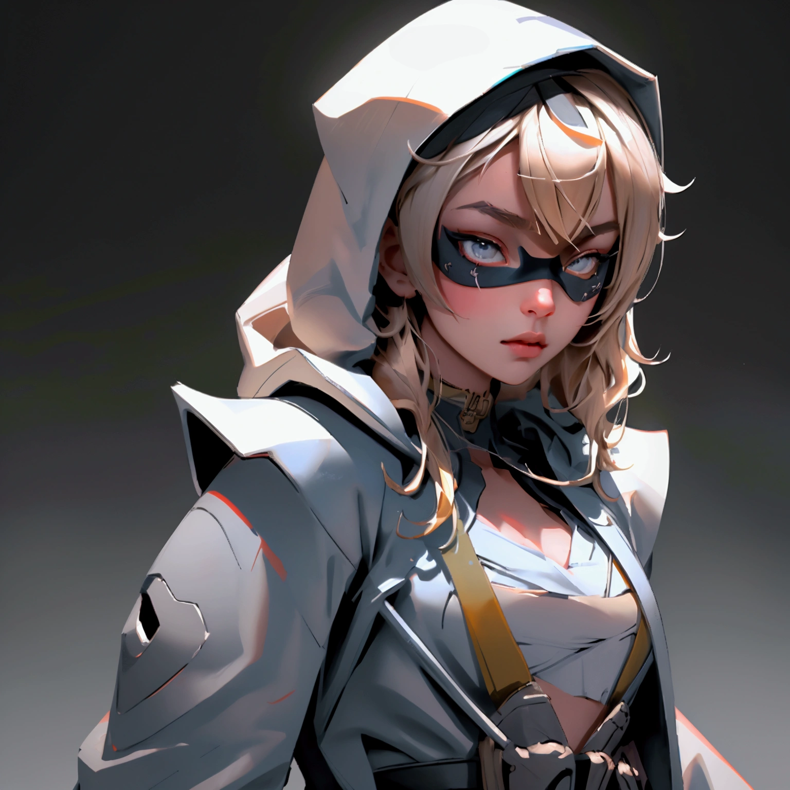 envision a 8k, highres, cinematic, beautiful close up portrait of a ninja girl with pretty features posing with a katana with blonde hair, a white camisole, black jacket with hood up with light armor plates, katana's on her back, black eye mask with white eyes , in dark lighting, against a dark gray background