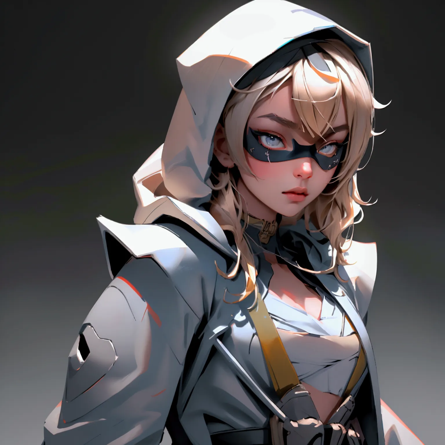 envision a 8k, highres, cinematic, beautiful close up portrait of a ninja girl with pretty features posing with a katana with bl...