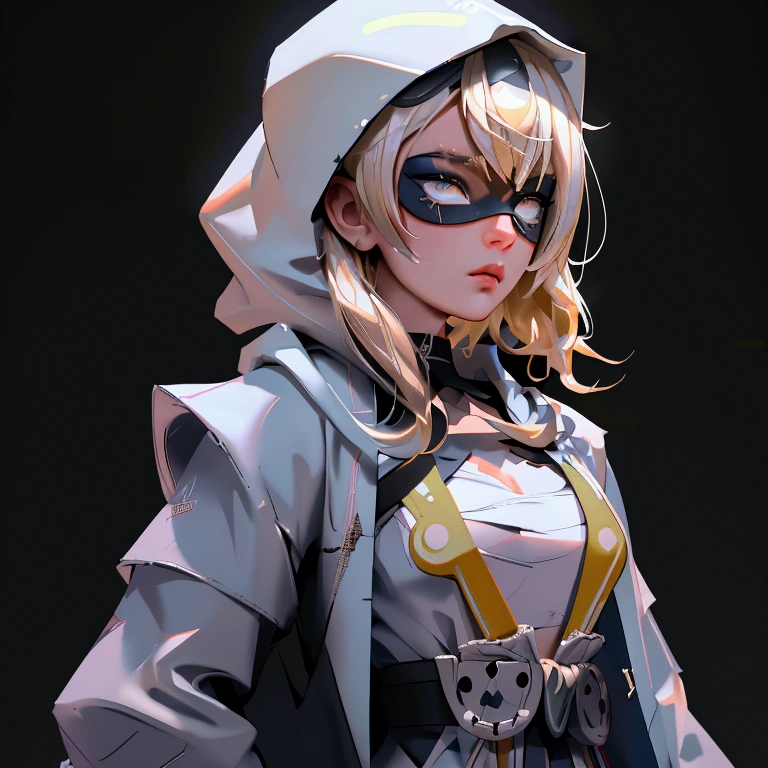 envision a 8k, highres, cinematic, beautiful close up portrait of a ninja girl with pretty features posing with a katana with blonde hair, a white camisole, black jacket with hood up with light armor plates, katana's on her back, black eye mask with white eyes , in dark lighting, against a dark gray background