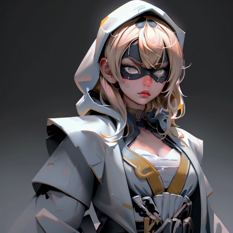 envision a 8k, highres, cinematic, beautiful close up portrait of a ninja girl with pretty features posing with a katana with blonde hair, a white camisole, black jacket with hood up with light armor plates, katana's on her back, black eye mask with white eyes , in dark lighting, against a dark gray background