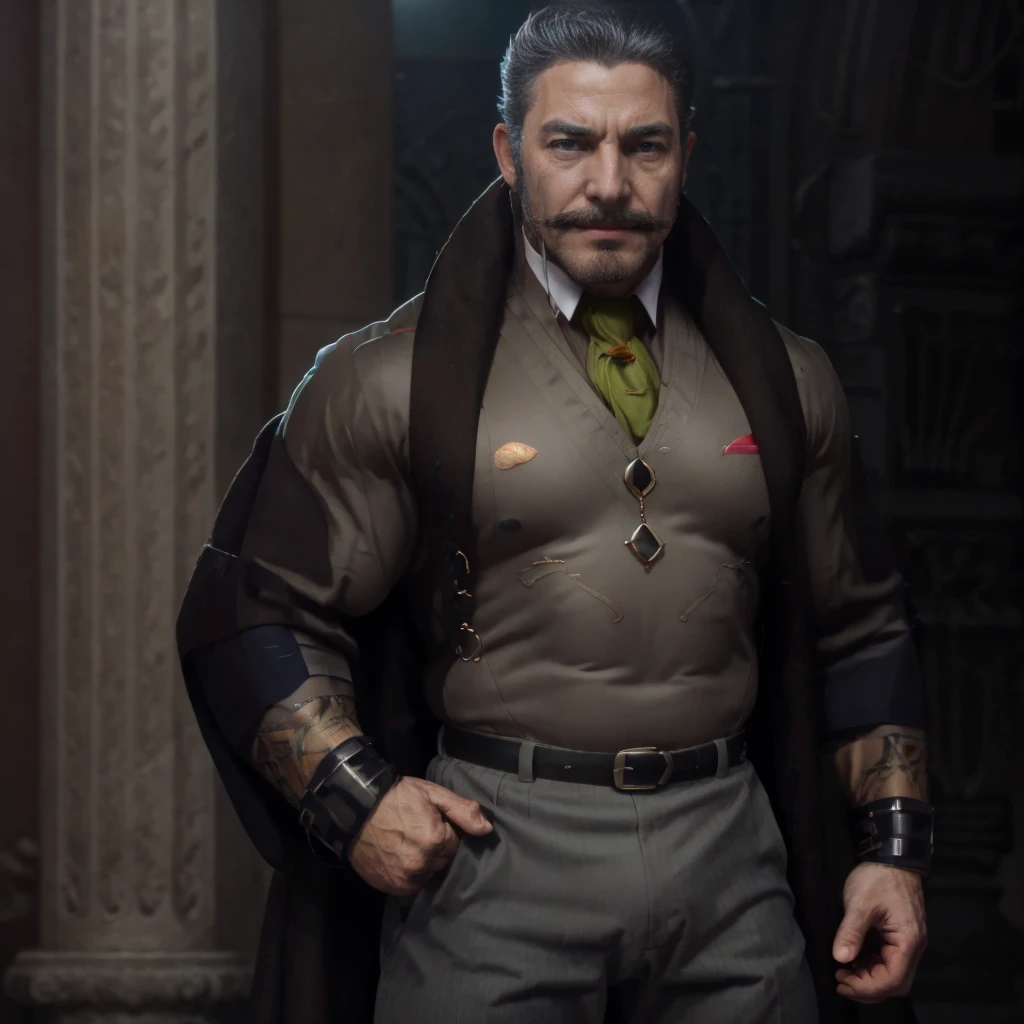 1man, middle-aged man, red eyes, evil smirk, mustache, beard, prominent muscular body, veins, bigger muscle biceps, bigger muscle chest, bodybuilder bodyshaped, wearing dark blue blouse (clothes), brown trousers, midnight city (background), red moon, hd, high quality, realistic, hyperdetail, ultra-realistic, 8k Resolution 