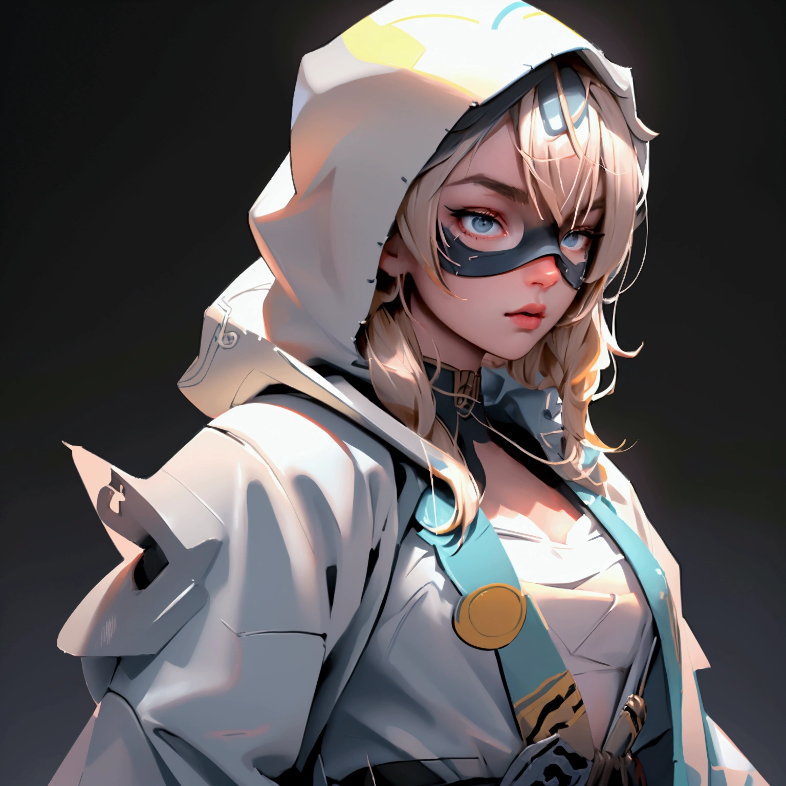 envision a 8k, highres, cinematic, beautiful close up portrait of a ninja girl with pretty features posing with a katana with blonde hair, a white camisole, black jacket with hood up with light armor plates, katana's on her back, black eye mask with white eyes , in dark lighting, against a dark gray background