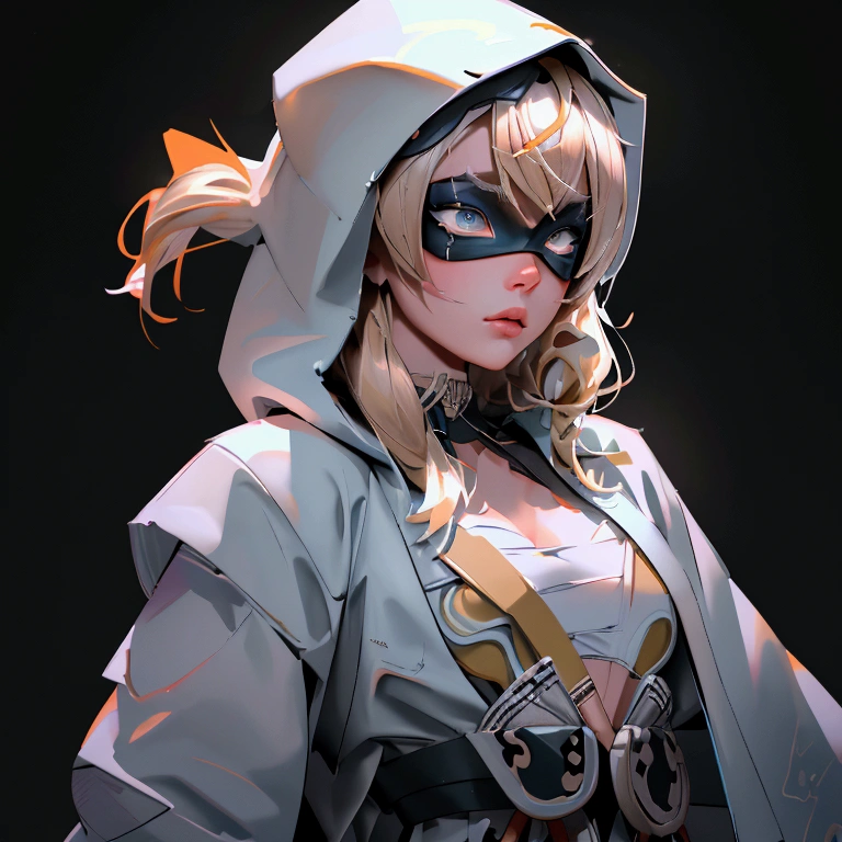 envision a 8k, highres, cinematic, beautiful close up portrait of a ninja girl with pretty features posing with a katana with blonde hair, a white camisole, black jacket with hood up with light armor plates, katana's on her back, black eye mask with white eyes , in dark lighting, against a dark gray background