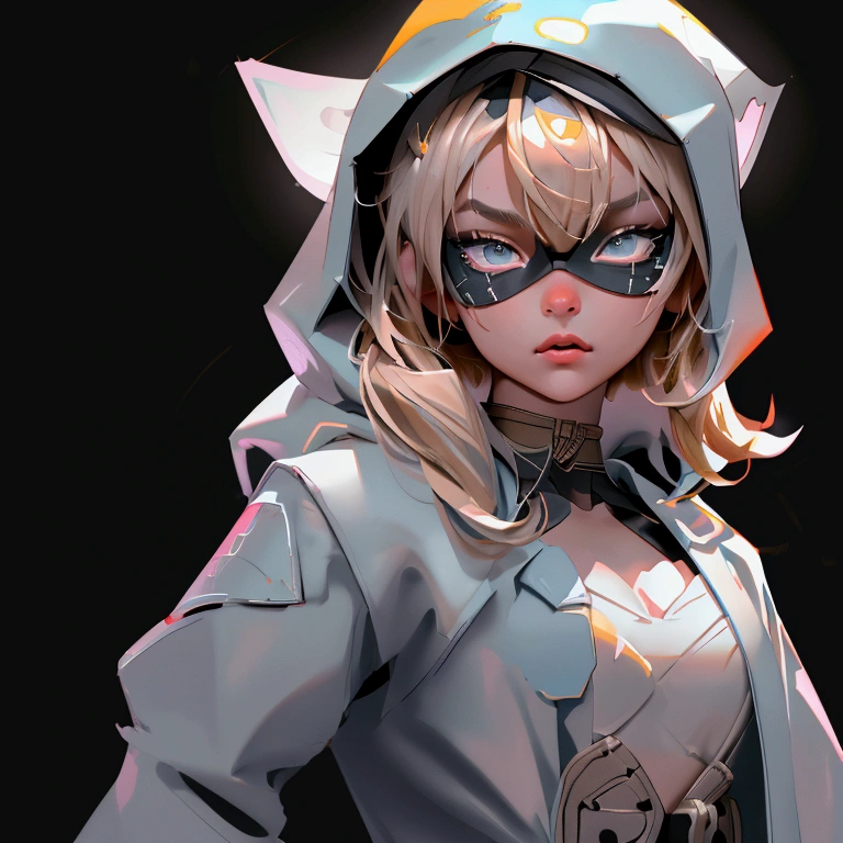 envision a 8k, highres, cinematic, beautiful close up portrait of a ninja girl with pretty features posing with a katana with blonde hair, a white camisole, black jacket with hood up with light armor plates, katana's on her back, black eye mask with white eyes , in dark lighting, against a dark gray background