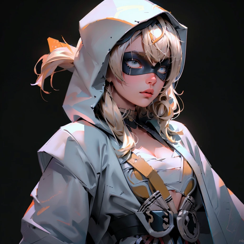 envision a 8k, highres, cinematic, beautiful close up portrait of a ninja girl with pretty features posing with a katana with blonde hair, a white camisole, black jacket with hood up with light armor plates, katana's on her back, black eye mask with white eyes , in dark lighting, against a dark gray background