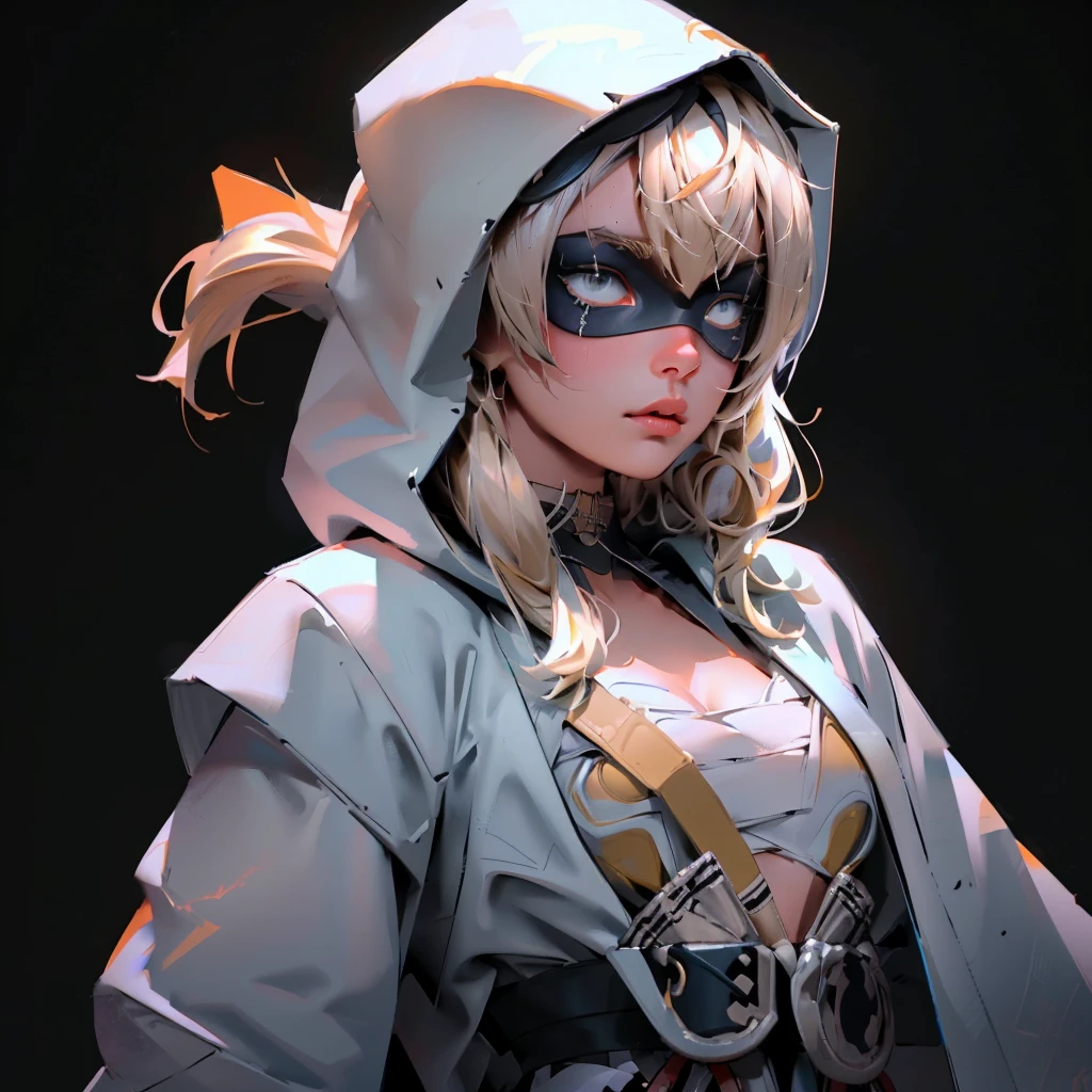 envision a 8k, highres, cinematic, beautiful close up portrait of a ninja girl with pretty features posing with a katana with blonde hair, a white camisole, black jacket with hood up with light armor plates, katana's on her back, black eye mask with white eyes , in dark lighting, against a dark gray background