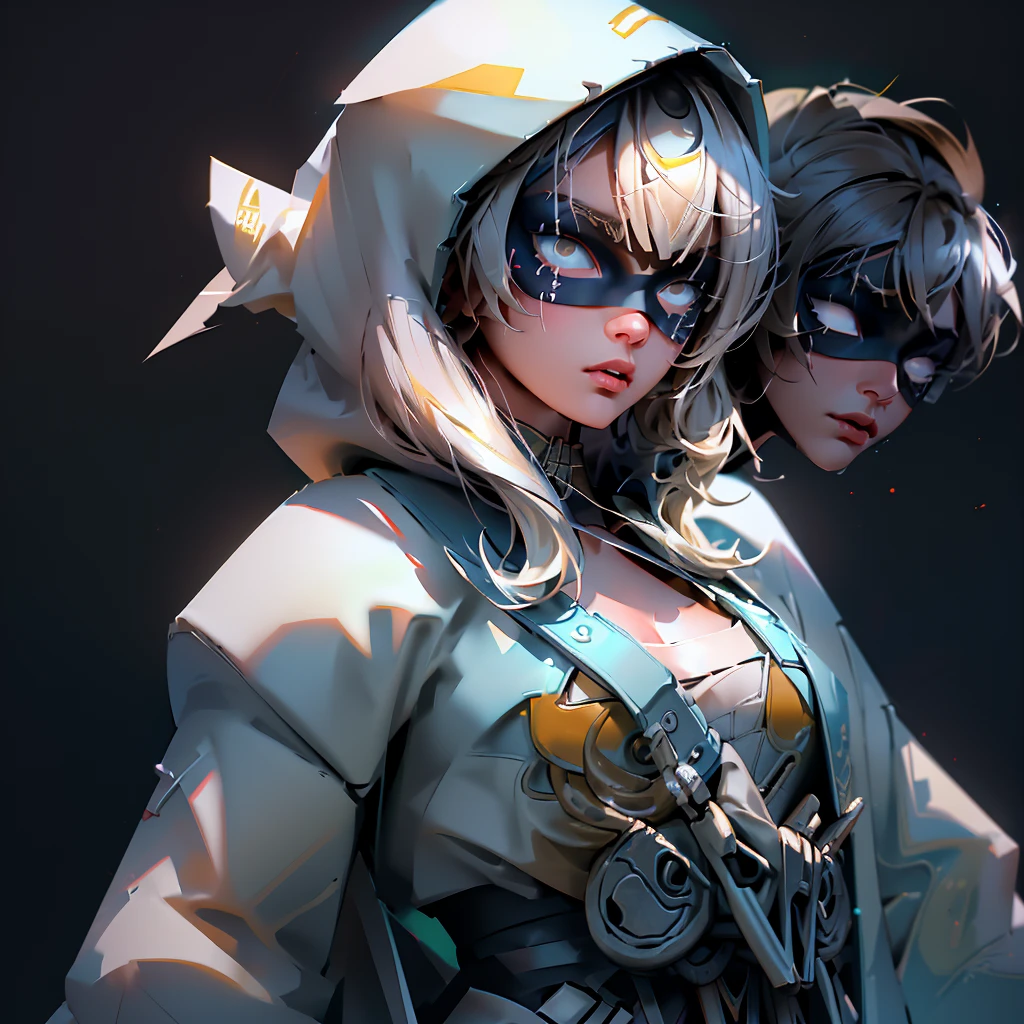 envision a 8k, highres, cinematic, beautiful close up portrait of a ninja girl with pretty features posing with a katana with blonde hair, a white camisole, black jacket with hood up with light armor plates, katana's on her back, ((black eye mask with white eyes)), in dark lighting, against a dark gray background