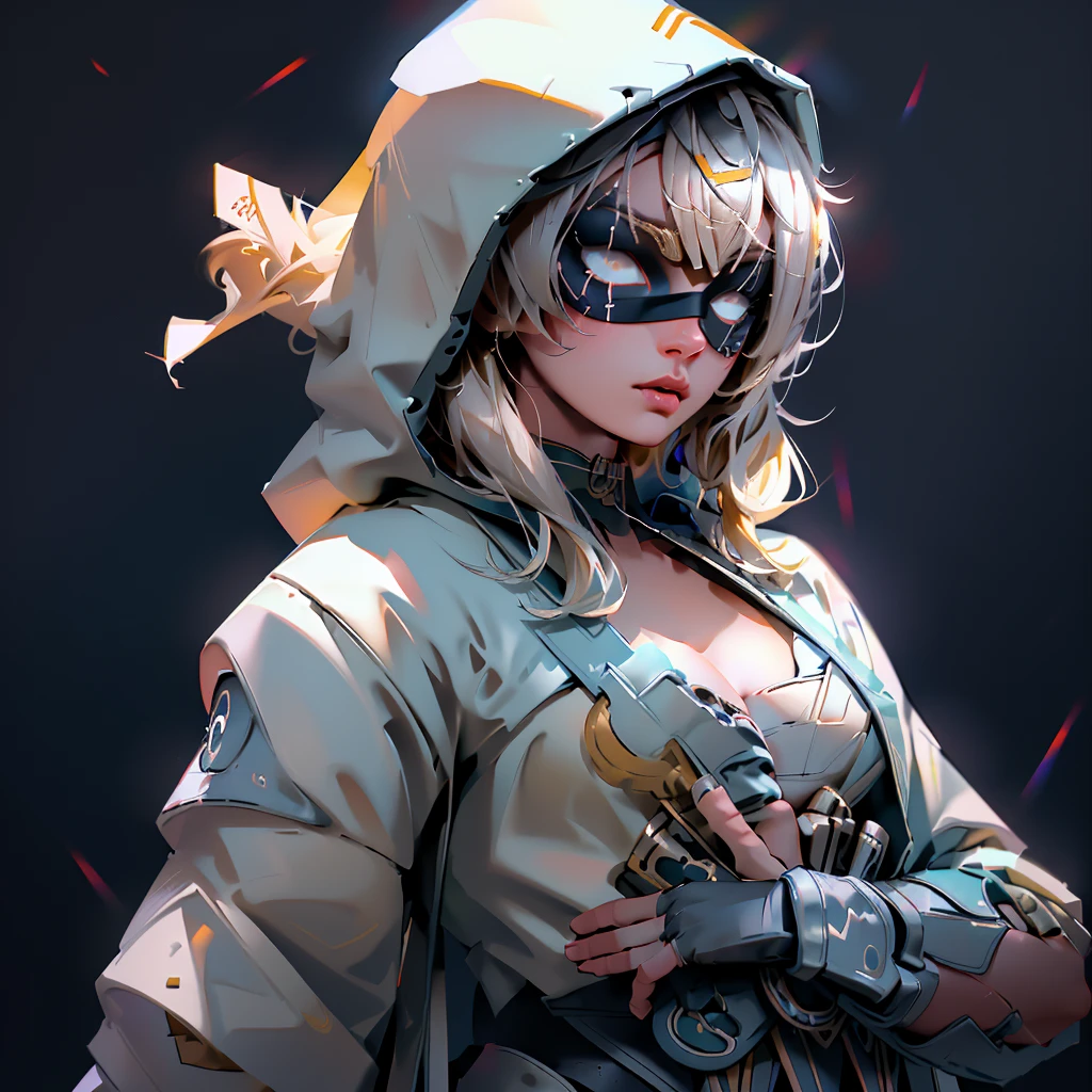 envision a 8k, highres, cinematic, beautiful close up portrait of a ninja girl with pretty features posing with a katana with blonde hair, a white camisole, black jacket with hood up with light armor plates, katana's on her back, ((black eye mask with white eyes)), in dark lighting, against a dark gray background