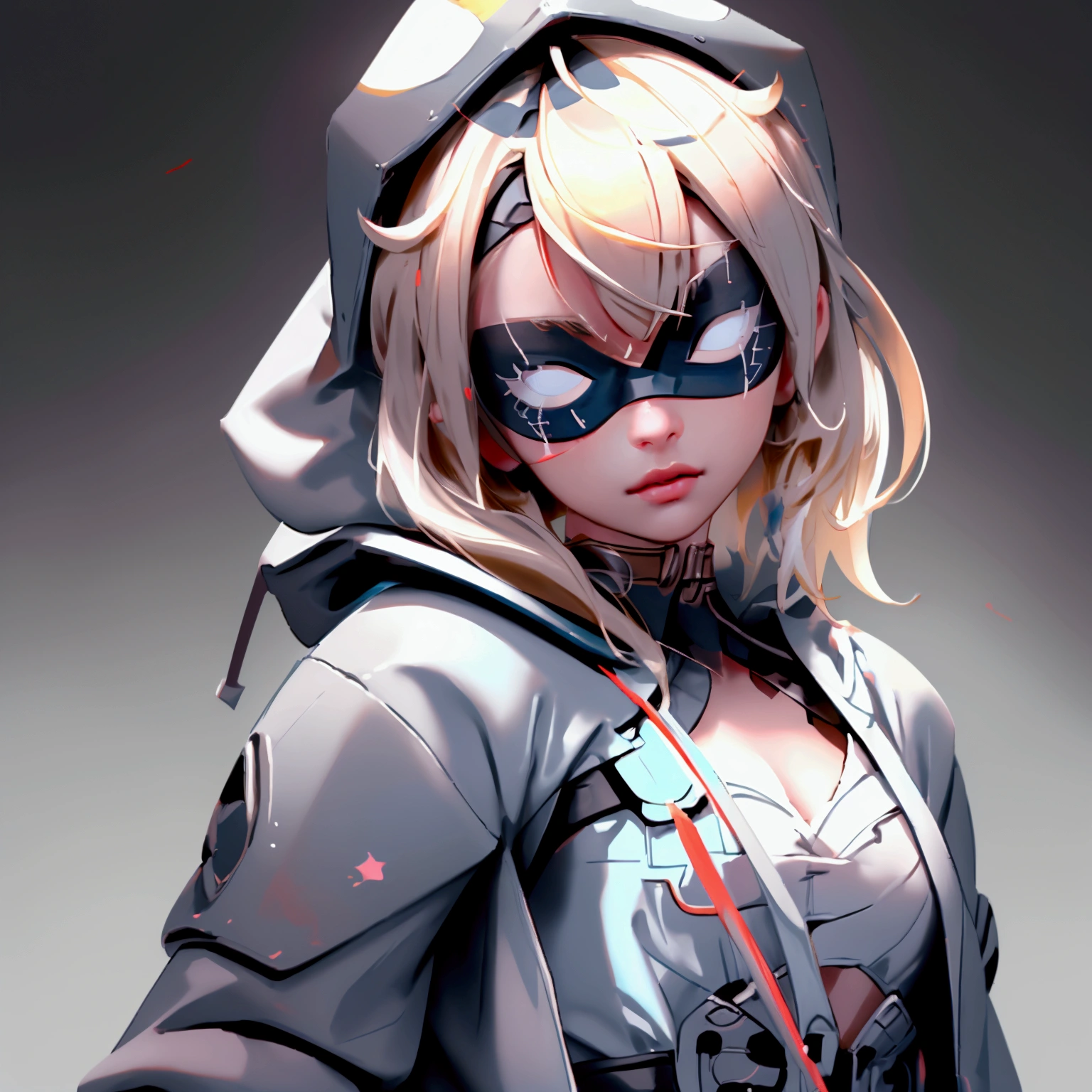 envision a 8k, highres, cinematic, beautiful close up portrait of a ninja girl with pretty features posing with a katana with blonde hair, a white camisole, black jacket with hood up with light armor plates, katana's on her back, ((black eye mask with white eyes)), in dark lighting, against a dark gray background