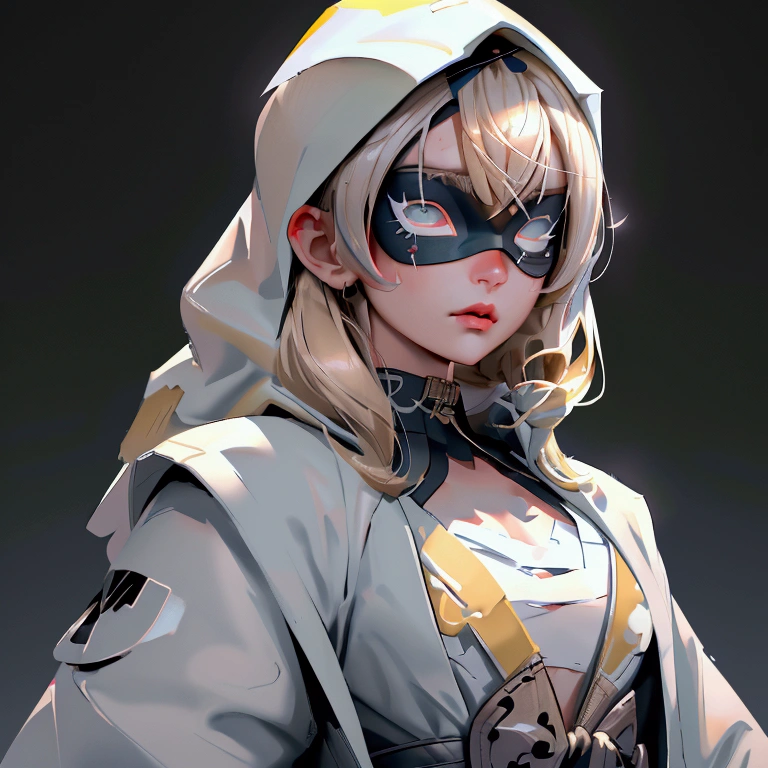 envision a 8k, highres, cinematic, beautiful close up portrait of a ninja girl with pretty features posing with a katana with blonde hair, a white camisole, black jacket with hood up with light armor plates, katana's on her back, ((black eye mask with white eyes)), in dark lighting, against a dark gray background