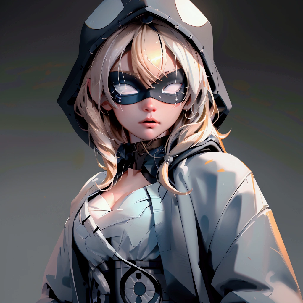 envision a 8k, highres, cinematic, beautiful close up portrait of a ninja girl with pretty features posing with a katana with blonde hair, a white camisole, black jacket with hood up with light armor plates, katana's on her back, ((black eye mask with white eyes)), in dark lighting, against a dark gray background