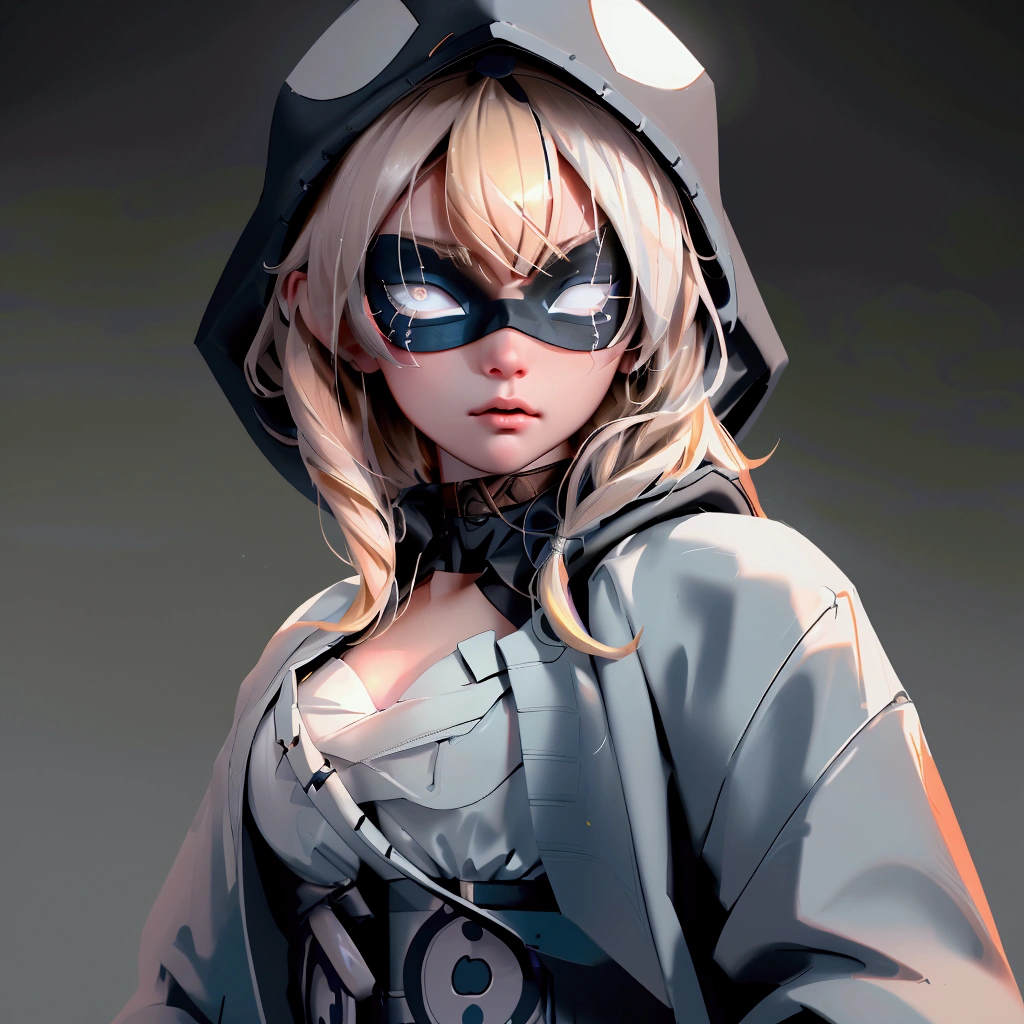 envision a 8k, highres, cinematic, beautiful close up portrait of a ninja girl with pretty features posing with a katana with blonde hair, a white camisole, black jacket with hood up with light armor plates, katana's on her back, ((black eye mask with white eyes)), in dark lighting, against a dark gray background