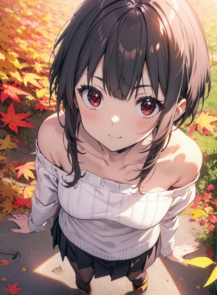 konosubaMegumin, Megumin, short hair, Black Hair, (Red eyes:1.3), short hair with long locks,smile,One-shoulder sweater,mini skirt,Black pantyhose,short boots,autumn leaves,autumn leavesが積もっている,autumn leavesが散っている,Walking,Daytime,Clear skies,whole bodyがイラストに入るように,
break outdoor, forest,
break looking at viewer,whole body, 
break (masterpiece:1.2), Highest quality, High resolution, unity 8k wallpaper, (figure:0.8), (Beautiful attention to detail:1.6), Highly detailed face, Perfect lighting, Highly detailed CG, (Perfect hands, Perfect Anatomy),