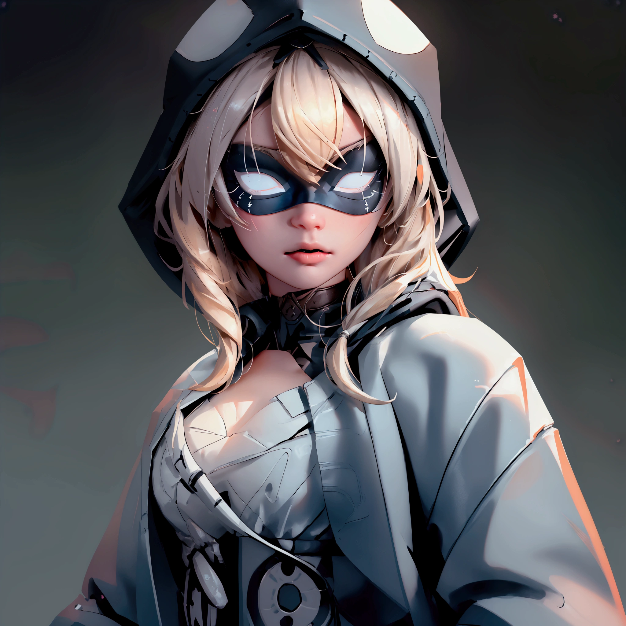 envision a 8k, highres, cinematic, beautiful close up portrait of a ninja girl with pretty features posing with a katana with blonde hair, a white camisole, black jacket with hood up with light armor plates, katana's on her back, ((black eye mask with white eyes)), in dark lighting, against a dark gray background