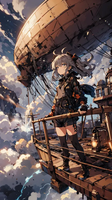 a punk-style girl standing on the deck of a rusty, futuristic airship, high above the clouds. the sky is filled with swirling st...