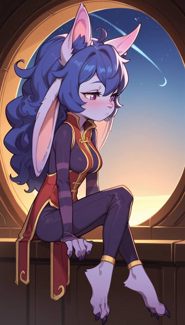 score_9, score_8_up, score_7_up, best quality, masterpiece, Lulu, (absurdly high resolution:1.4), from side, (short, diminutive, smol), yordle, (humanoid, light purple skin, purple eyes, (long ears, horizontal ears), long horizontal yordle ears, claws, feminine), futuristic outfit, barefoot, cute, adorable, slim, thin, (hair, fluffy hair,), large breasts, sleepy expression, blush lines, submissive), solo, spaceship setting, window, night sky, Expressive, young, expressive, outer space,
