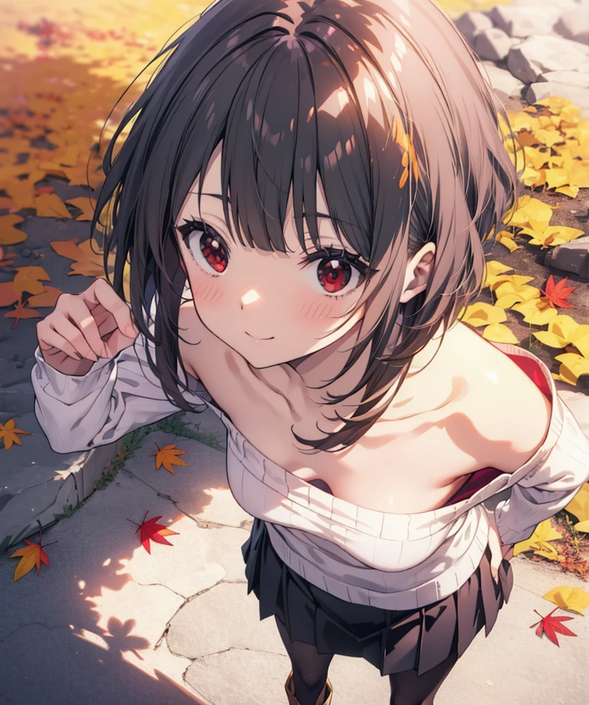 konosubaMegumin, Megumin, short hair, Black Hair, (Red eyes:1.3), short hair with long locks,smile,One-shoulder sweater,mini skirt,Black pantyhose,short boots,autumn leaves,autumn leavesが積もっている,autumn leavesが散っている,Walking,Daytime,Clear skies,whole bodyがイラストに入るように,
break outdoor, forest,
break looking at viewer,whole body, 
break (masterpiece:1.2), Highest quality, High resolution, unity 8k wallpaper, (figure:0.8), (Beautiful attention to detail:1.6), Highly detailed face, Perfect lighting, Highly detailed CG, (Perfect hands, Perfect Anatomy),